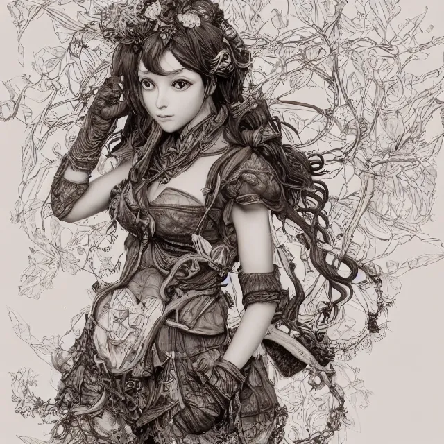 Image similar to the portrait of chaotic good female druid botanist as absurdly beautiful, gorgeous, elegant, young gravure idol, an ultrafine hyperdetailed illustration by kim jung gi, irakli nadar, intricate linework, sharp focus, bright colors, octopath traveler, final fantasy, unreal engine 5 highly rendered, global illumination, radiant light, detailed and intricate environment