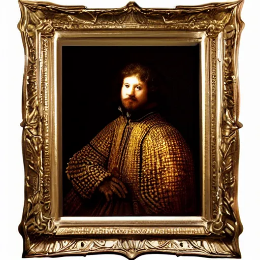 Prompt: stunning portrait oil painting of handsome holy knight by Rembrandt from national geographic award winning, perfect Rembrandt lighting, dark background, rule of third