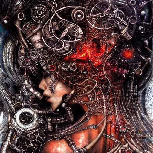 Image similar to blinded cybernetic demon dreaming, lsd, circuitry, intricate detail, royo,