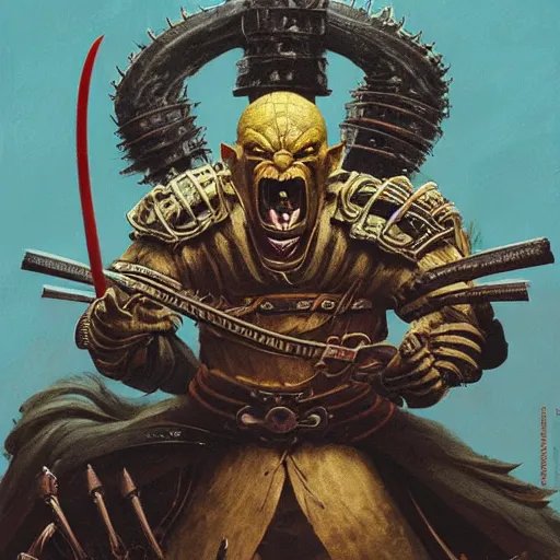 Image similar to head and shoulders portrait of a samurai hobgoblin, d & d, fantasy, greg rutkowski, frank frazetta, alexandre chaudret, boris vallejo, michael whelan, miro petrov, hr giger, magali villeneuve, donato giancola