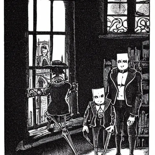 Image similar to a macabre victorian illustration by edward gorey of steampunk ghostbusters chasing ghosts and shooting at ghosts with ray - guns, in buildings or in the streets.