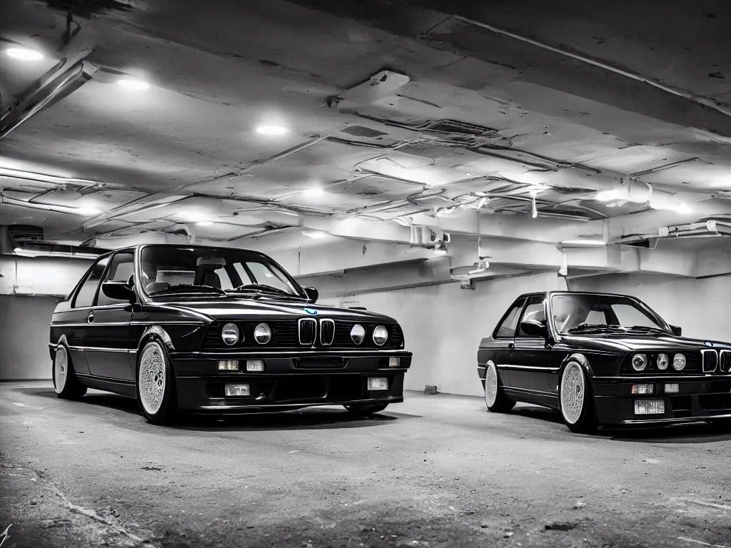 Image similar to a modified bmw e 3 0 with lights on in a futuristic neon parking garage, 3 5 mm photography, car photography, clean lines, realistic