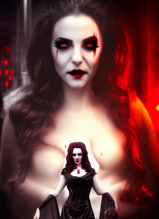 Prompt: realistic matte painting, full length portrait, the duchess of blood owns the las vegas strip, vampire, night, fangs, highly detailed, CGsociety, concept art, HDR, hyper realistic, volumetric lighting, subsurface scattering, unreal