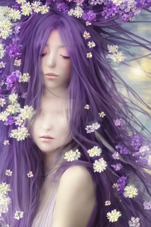 Prompt: 4k detailed portrait of a beautiful intimate woman with long purple cosmic hair and a beautiful celestial dress made of flowers, by Miho Hirano and viktoria gavrilenko. Anime, volumetric lighting