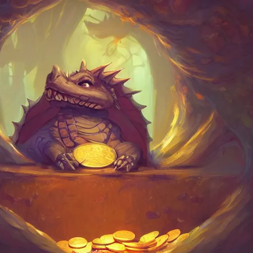 Prompt: beautiful fantasy illustration of an adorable baby dragon sleeping on top of gold coins. tavern background, by andreas rocha and marc simonetti, trending on artstation 8k hq