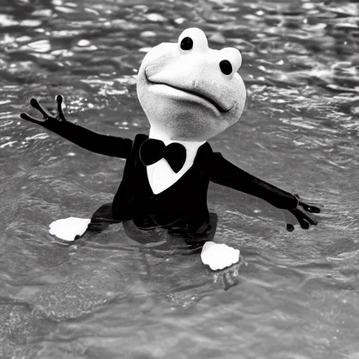 Prompt: a frog in a suit is in a pool, he is cheering and very happy, black-and-white, 50mm