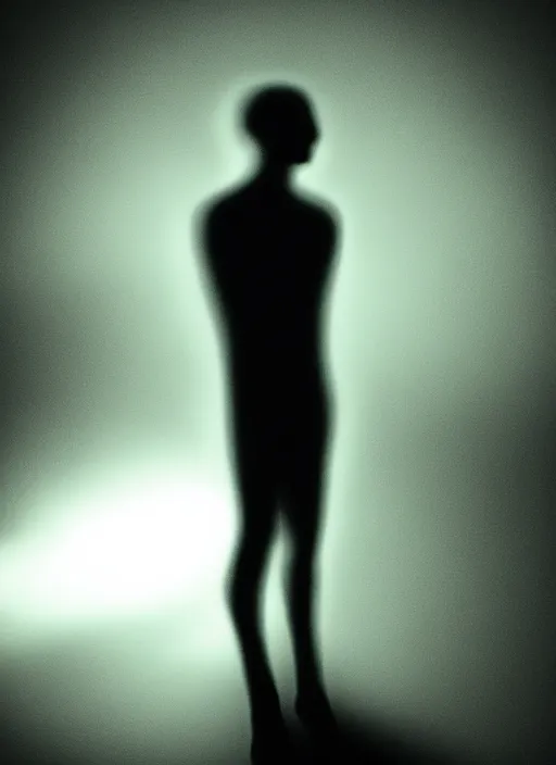 Image similar to crystallized human silhouette, large diffused glowing aura, long exposure, film grain, cinematic lighting, blurry, concept art