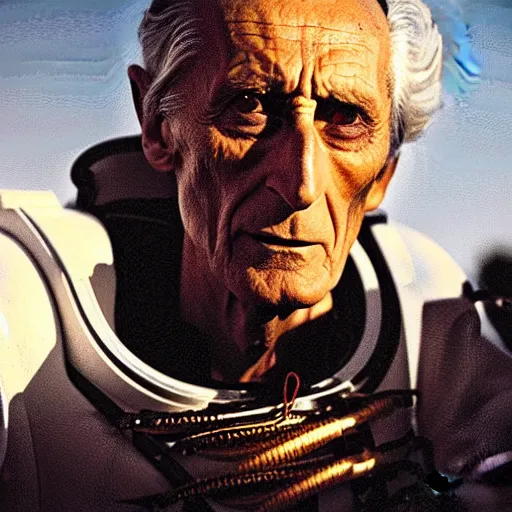 Image similar to Peter Cushing wearing an astronaut suit in an abandoned post apocalyptic western town at sunset, realistic