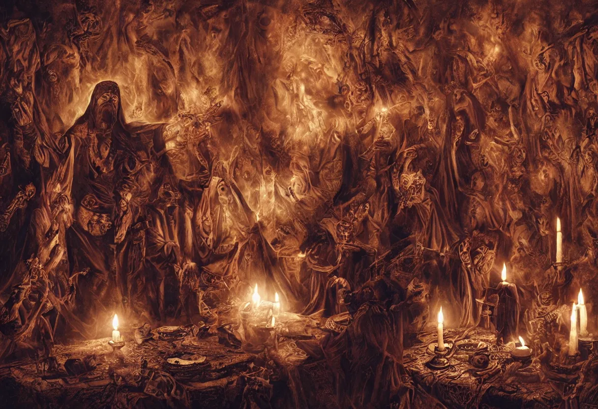 Prompt: occult pagan black magic ritual with blood incantation, mystical glagolitic manuscripts and ancient slavic symbols in background, hyperrealism, realistic, dramatic lighting, octane render, highly detailed, cinematic lighting, cinematic, art by glenn fabry and greg rutkowski