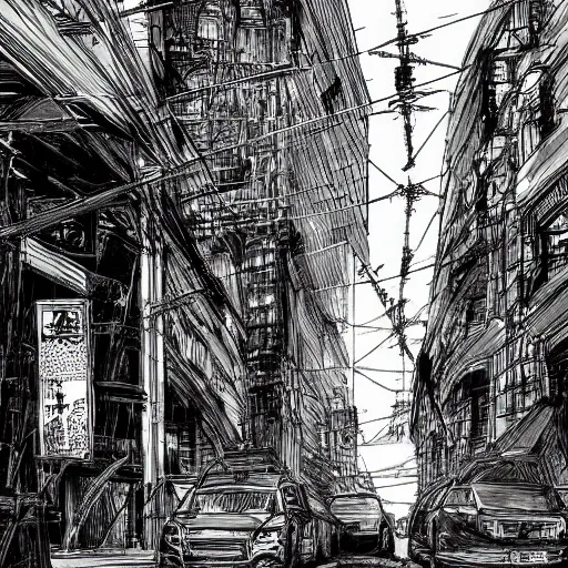 Prompt: moscow streets by tsutomu nihei