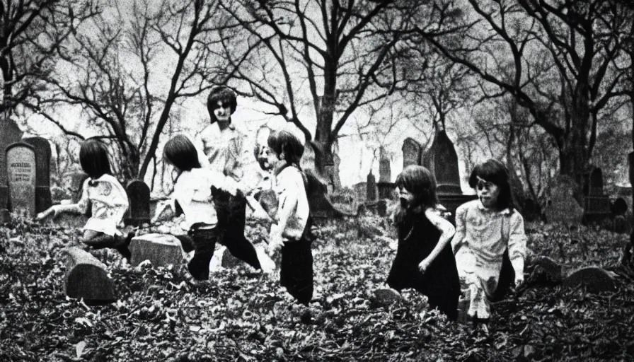 Image similar to 7 0 s film still from a horror movie of young children playing in a graveyard, kodachrome, cinecolor, cinestill, photorealism, cinematic, film grain, film texture, vhs recording