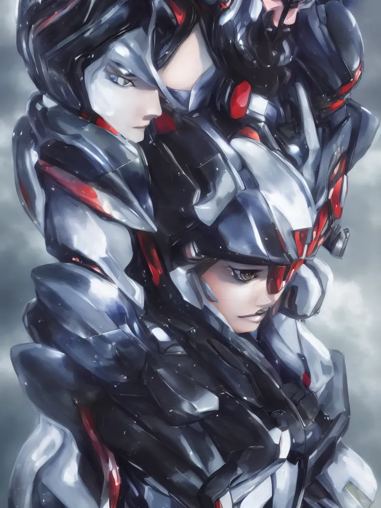 Image similar to A realistic anime portrait of a woman in a Gundam suit with glowing black, digital painting, by Stanley Artgerm Lau, Sakimichan, WLOP and Rossdraws, digtial painting, trending on ArtStation, SFW version