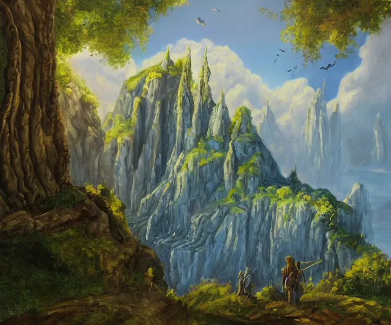 Image similar to medieval fantasy artwork. woodland with cliffs in the background. on top of the cliffs is a castle made of pure blue light. oil on canvas.