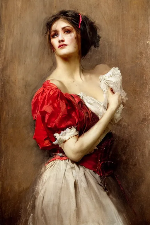 Image similar to Solomon Joseph Solomon and Richard Schmid and Jeremy Lipking victorian genre painting full length portrait painting of a young beautiful woman traditional german french actress model pirate wench in fantasy costume, red background