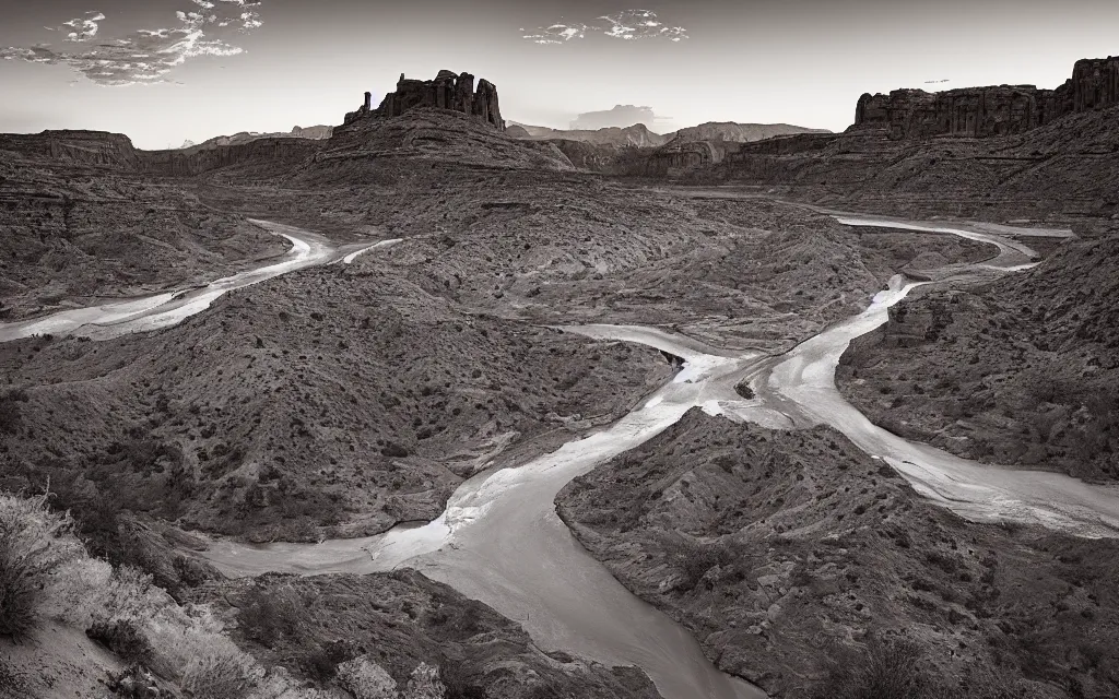 Image similar to “a dried up river bend running through a canyon surrounded by desert mountains at sunset, moab, utah, a tilt shift photo by Frederic Church, ansel adams, trending on unsplash, hudson river school, national geographic photo”