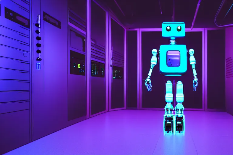 Image similar to full body robot picture, background is data server room, neon and dark, purple and blue color scheme, by dan mumford, global illumination ray tracing hdr render in unreal engine 5