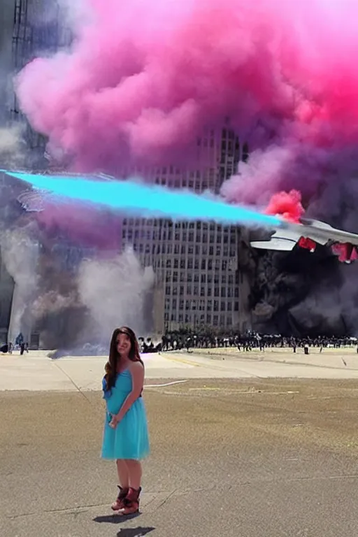 Image similar to 9/11 Gender reveal, horrifying, pink and blue smoke, intense, flaming building, airplane crashes