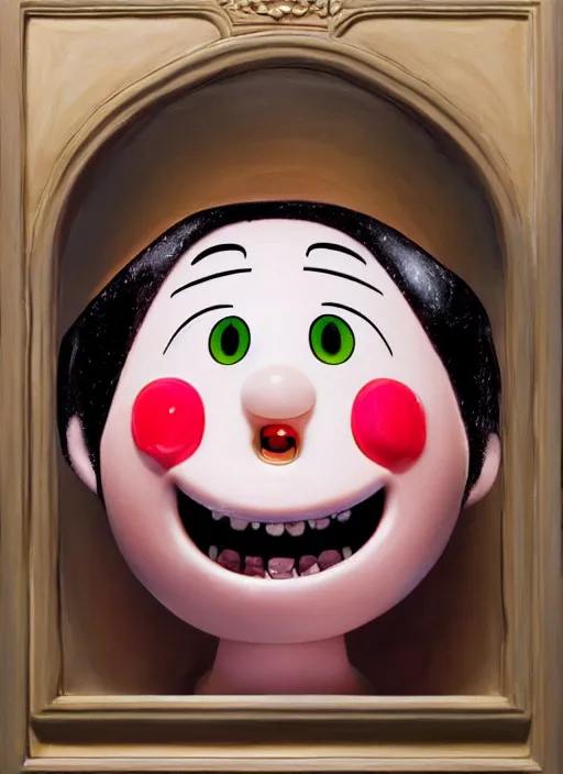 Prompt: a hyperrealistic lowbrow oil panting of a looney kawaii vocaloid figurine caricature with a big dumb goofy grin and pretty sparkling anime eyes featured on Wallace and Gromit by norman rockwell