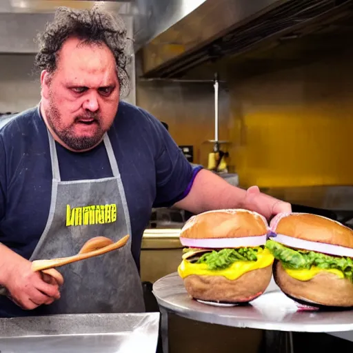 Image similar to leatherface making burger patties in a burger joint kitchen