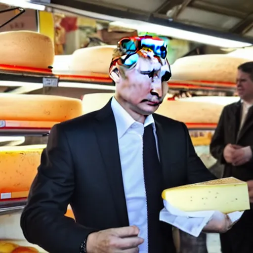 Image similar to close up of vladimir putin visiting a cheese market