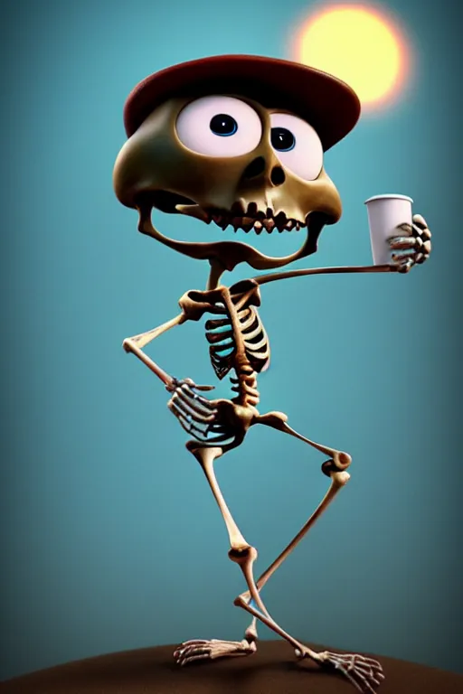 Image similar to a funny skeleton character with big eyes holding a cup of coffee on a cemetery at night. pixar disney 4 k 3 d render funny animation movie oscar winning trending on artstation and behance. ratatouille style.