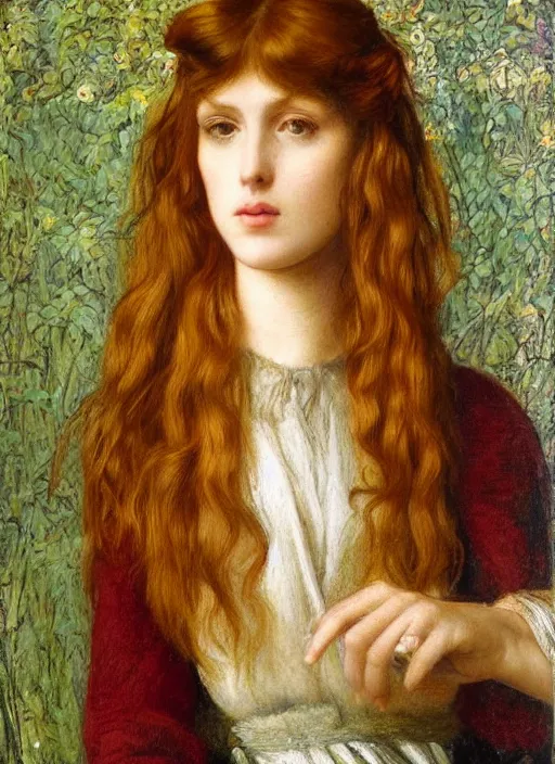 Image similar to selfie of a Pre-Raphaelite young beautiful woman with blond hair