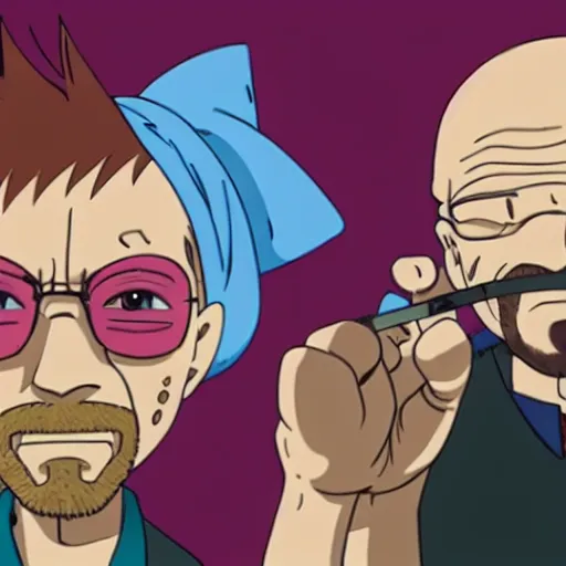 Image similar to walter white smoking a joint with jesse pinkman, in One Piece Anime Series, 4k Resolution.