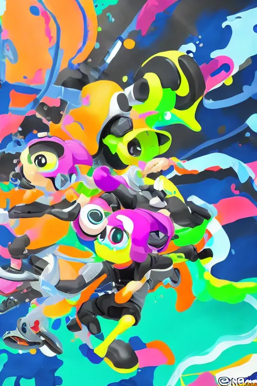 Image similar to splatoon nintendo dynamic poses digital painting on canvas, trending on artstation, featured on pixiv, cinematic composition, 8 k