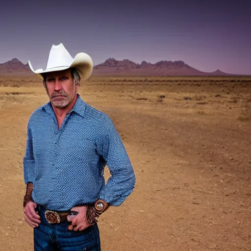 Image similar to professional head shot of jeffery epstein wearing cowboy clothes and standing in the desert, very detailed, very intricate, detailed face,