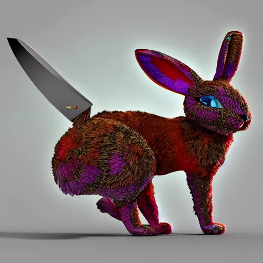 Image similar to a cute fluffy rabbit holding a flint knife slices through water, zbrush keyshot render, alebrijes aesthetic. rubberhose animation character style, toon render keyshot