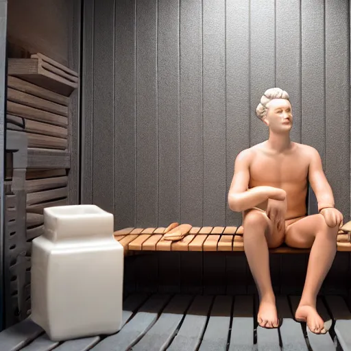 Image similar to realistic porcelain statue of a person sitting in sauna, 4 k photo, spotlight