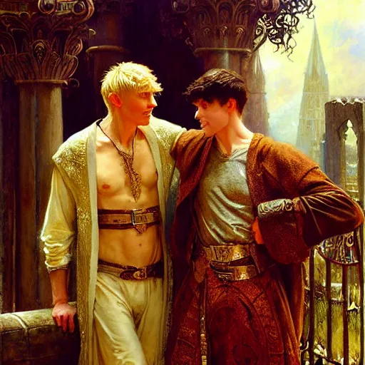 Image similar to handsome arthur pendragon in love with handsome merlin the mage. merlin is also in love with arthur. highly detailed painting by gaston bussiere, craig mullins, j. c. leyendecker