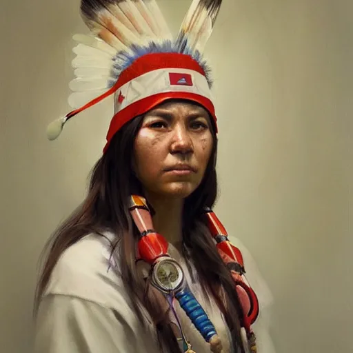 Prompt: Portrait of a Native American woman as a modern nurse in a hospital, digital art by Ruan Jia and Mandy Jurgens and Artgerm, highly detailed, trending on artstation, award winning,