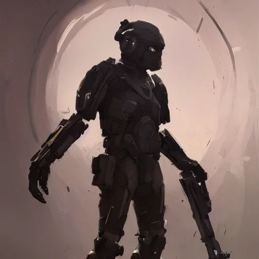 Image similar to concept art by greg rutkowski, a futuristic soldier from the not so near future, around the 2 3 rd century, wearing a futuristic tactical gear, artstation hq.