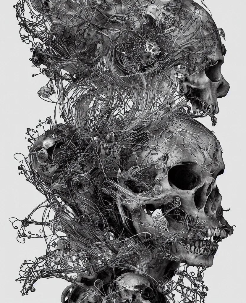 Prompt: close-up portrait goddess skull, thorax, x-ray, backbone, jellyfish phoenix head, nautilus, orchid, skull, betta fish, bioluminiscent creatures, intricate artwork by Tooth Wu and wlop and beeple. octane render, trending on artstation, greg rutkowski very coherent symmetrical artwork. cinematic, black and white, contrast, hyper realism, high detail, octane render, 8k