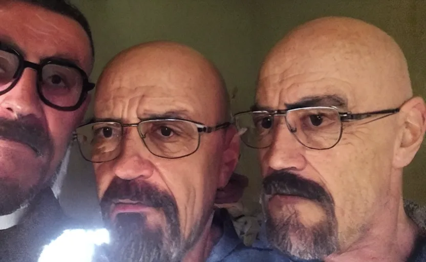 Image similar to my uncle that look like walter white if he was turkish accidentally taking a selfie, front camera, camera flash is so bright in his face, viral, selfie, viral on twitter, viral on instagram, viral photo