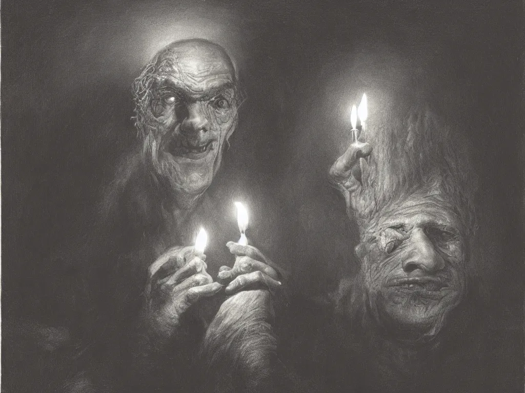 Image similar to Expressive portrait of an old frankenstein. Candlelight. Painting by Gustave Dore, August Sander