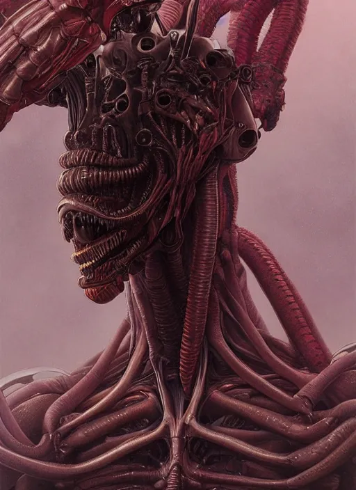 Image similar to a hyper detailed upper body portrait of ellen ripley hybrid xenomorph, by tom bagshaw, by zdzisław beksinski, trending on artstation