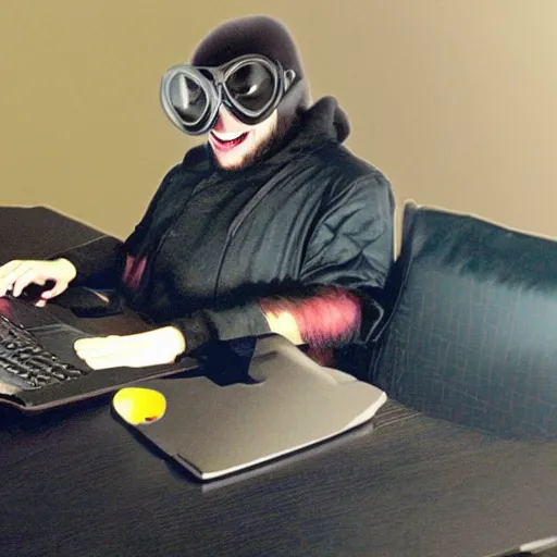 Image similar to Thief laughs maniacally while typing at a computer, wearing thief outfit, wearing goggles, photo manipulated