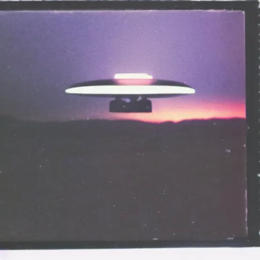 Image similar to photo of a ufo flying over a first at night, grainy photo, old polaroid,