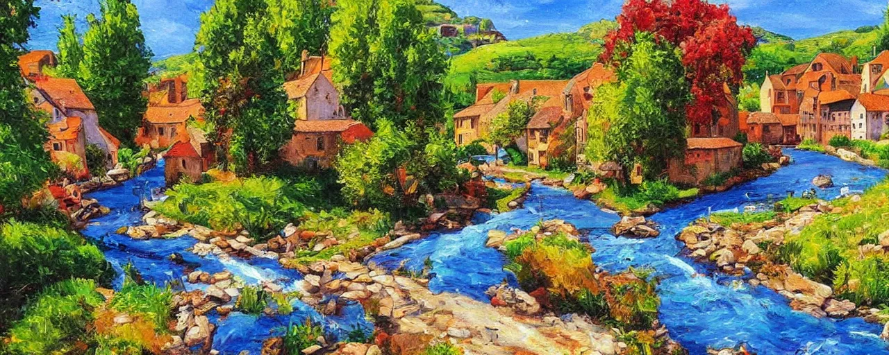 Prompt: a river running through a medieval village, summer, vibrant colors, classic painting, award winning, extremely detailed