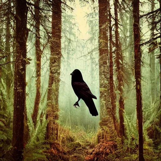 Prompt: mixture between a!! person and crow, photograph captured in a forest