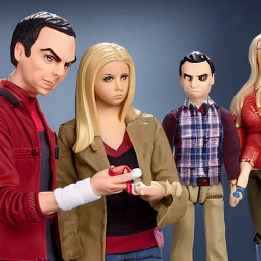 Prompt: still from The Big Bang Theory of Sheldon Cooper playing with his Buffy the Vampire Slayer action figures, high quality