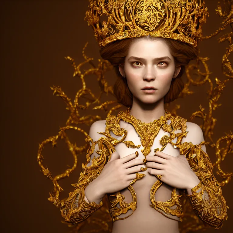 Image similar to wonderful princess of vines with a cream skin, ornate 8 k gorgeous intricate gold detailed, accent white lighting, dramatic light, octane render