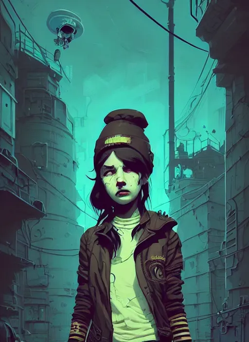 Prompt: highly detailed portrait of a sewer punk young lady by atey ghailan, james gilleard, by joe fenton, by greg rutkowski, by greg tocchini, by kaethe butcher, 4 k resolution, gradient yellow, black, brown and cyan color scheme, grunge aesthetic!!! ( ( dystopian graffiti tag wall in background ) )