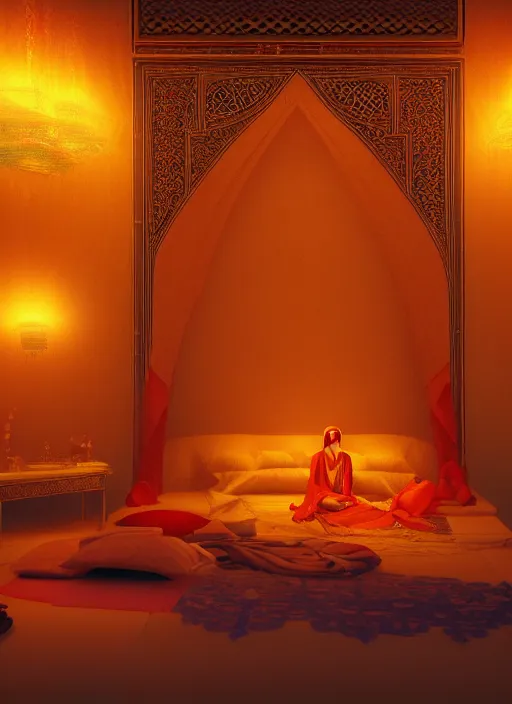 Image similar to beautiful interior of an arabian nights bedchamber, orientalism style, delphin enjolras, goro fujita, makoto shinkai, volumetric lighting, exquisite lighting, octane render, trending on artstation