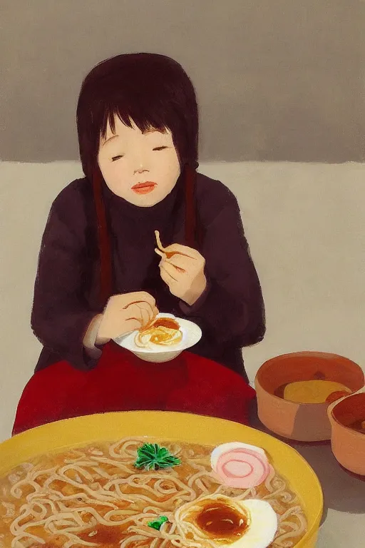 Prompt: a girl eating ramen by uijung kim