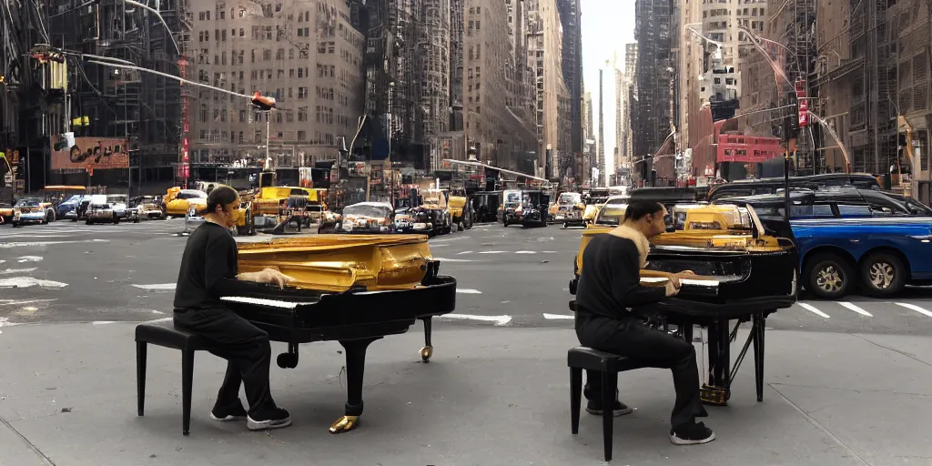 Image similar to a super high-resolution photo of a monkey playing the piano in the busy New York street