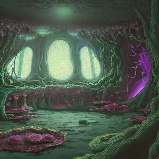 Image similar to concept art painting of a interior of a fungal alien fantasy fairytale house made of mushrooms, with black vines, realistic, detailed, cel shaded, magenta and gray, dark, in the style of makoto shinkai and greg rutkowski and james gurney