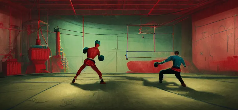 Image similar to handmade illustration of a boxing match in an industrial room, line art, octane render with volumetric lighting, miniatures by wes anderson, cedric peyraavernay, waste processing machinery, bladerunner, green and red radioactive swamp, by Remedios Varo and Anato Finnstark and Greg Rutkowski, dayglo pink, dayglo blue, by Craig Mullins, ilya kuvshinov, krenz cushart, artgerm, 8k, trending on ArtStation